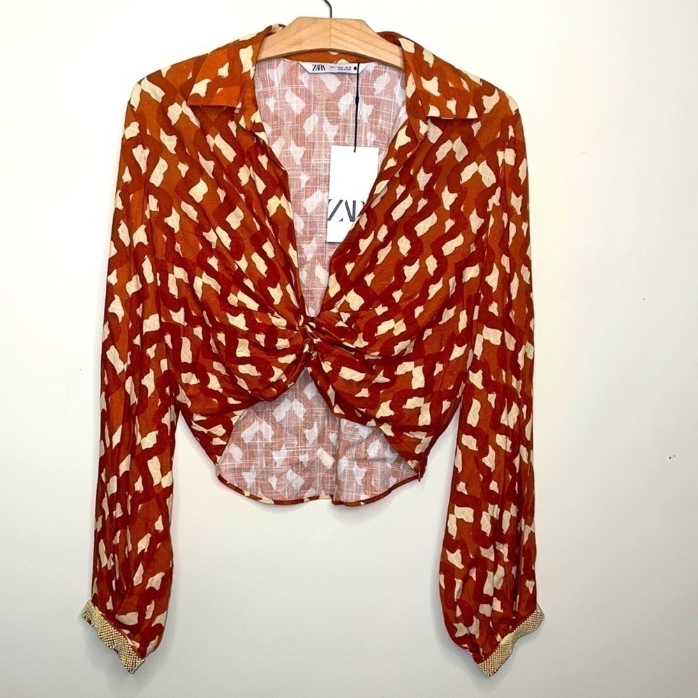 Zara Linen Blend Printed Wrap Crop Top Terracotta And Cream side zip closure NWT - Picture 7 of 10